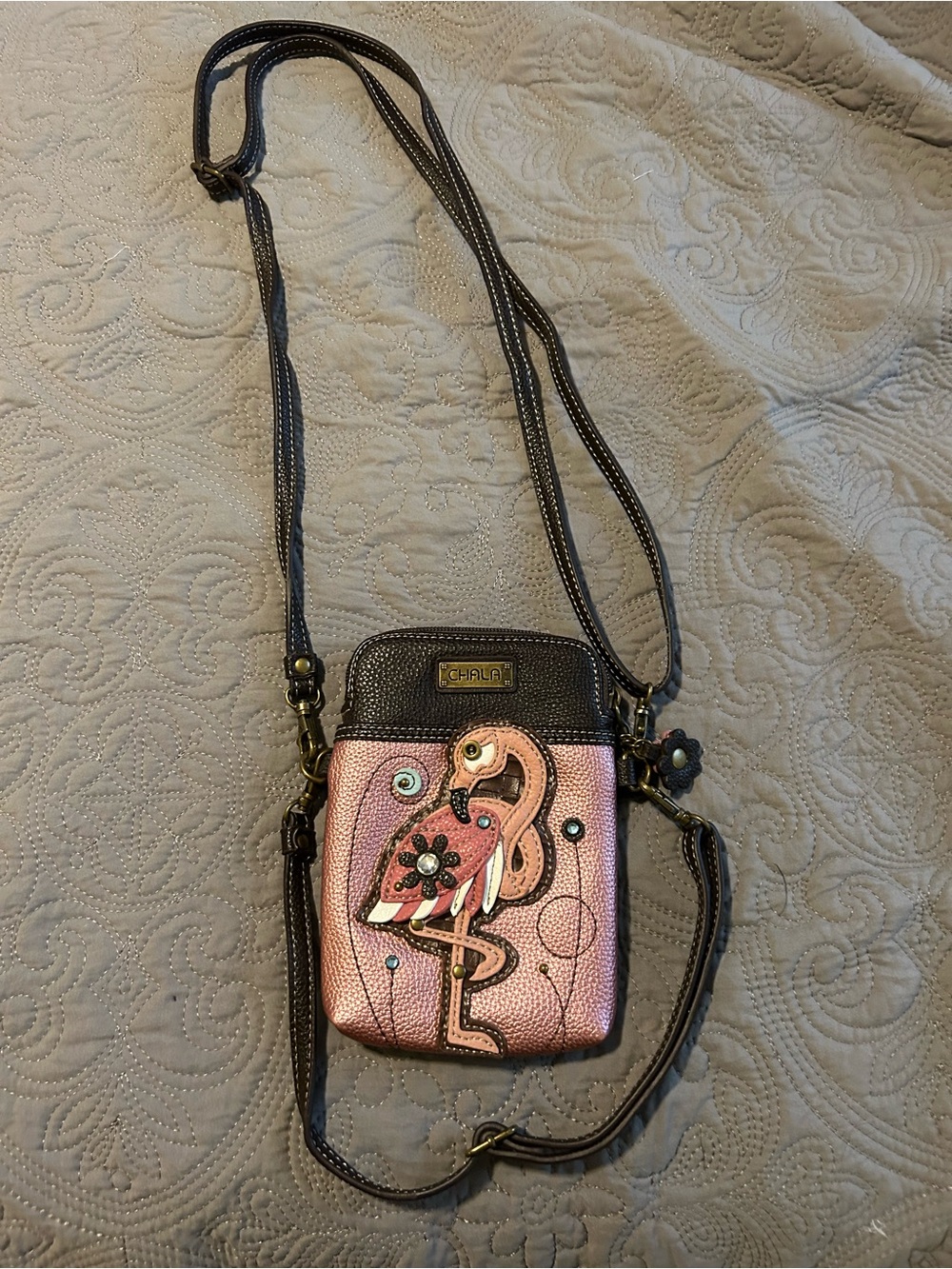 Chala Metallic Pink Flamingo Crossbody with Brown Trim - Picture 2 of 3